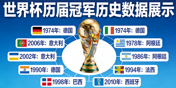 世界杯历届冠军历史数据展示 - 大力神杯与冠军国旗